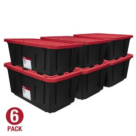(6 pack) 27 Gallon Large Storage Bin with Snap Lid, Black and Red, Heavy Duty Plastic Storage Container